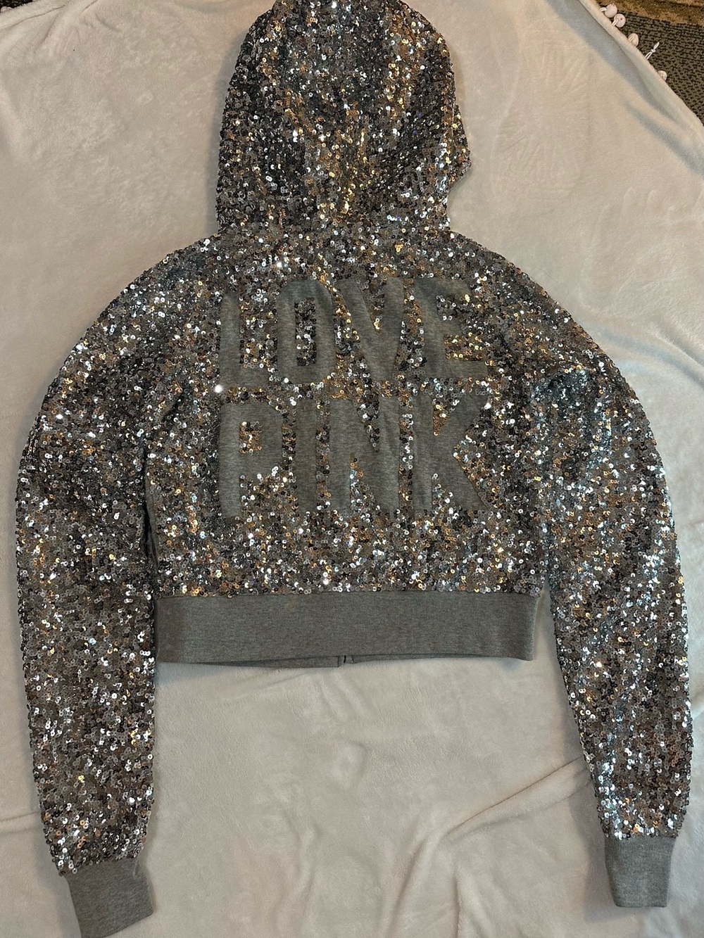 PINK Victoria's Secret Silver Sequin 'LOVE PINK' Hoodie - Picture 2 of 10